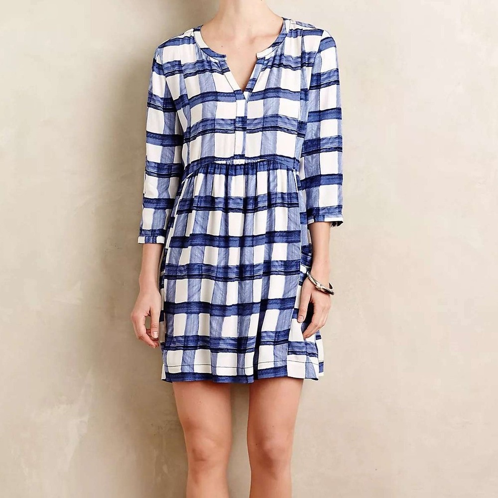 Maeve Anthropologie Devery Shirtdress Blue White Gigham Mini Dress Medium - Picture 2 of 8